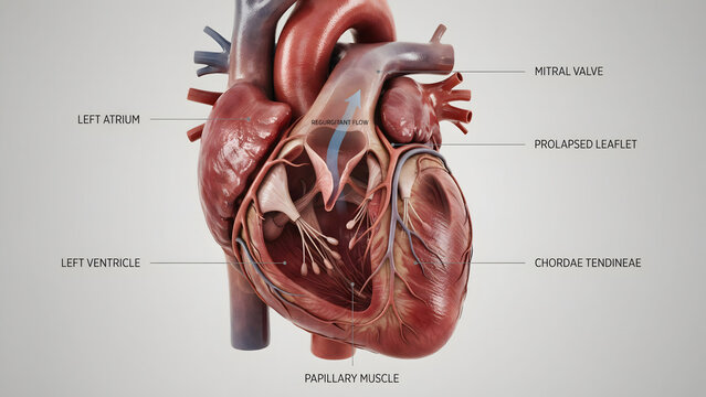 Medical illustration showing mitral valve prolapse in human heart anatomy