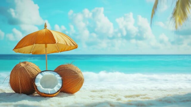 Sunny day on the beach with a palm tree-lined umbrella and coconuts on sand.