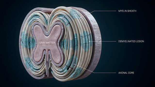 Medical illustration of a spinal cord cross section with demyelinated lesions