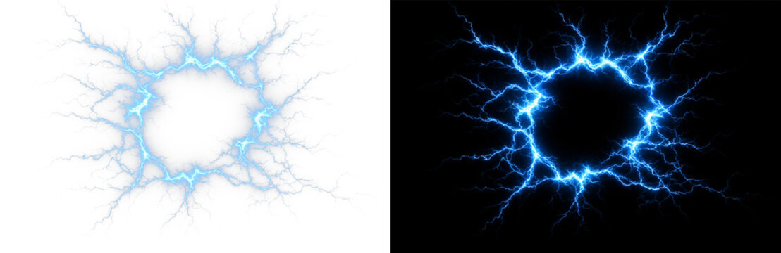 Electric blue lightning circle PNG transparent overlay with radiant branching energy, on transparent background