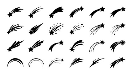 Set of various shooting star icons and falling comet silhouettes for design elements and celestial graphics © Nurnobi