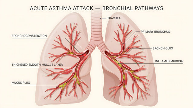 Medical illustration of human lungs during an acute asthma attack process