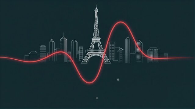 Eiffel Tower skyline with red wave graphic, modern cityscape design.