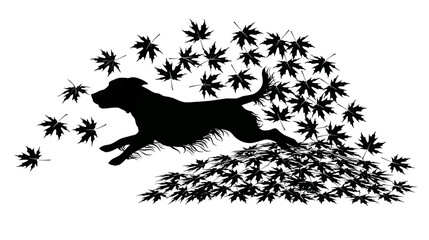 Black dog silhouette running through falling maple leaves, isolated on transparent background