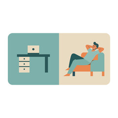 Businessman relaxing on a comfy armchair away from his work desk to improve mental health and work life balance flat vector