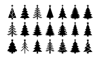 Obraz premium Set of various black silhouette christmas tree icons isolated on a white background for holiday design projects