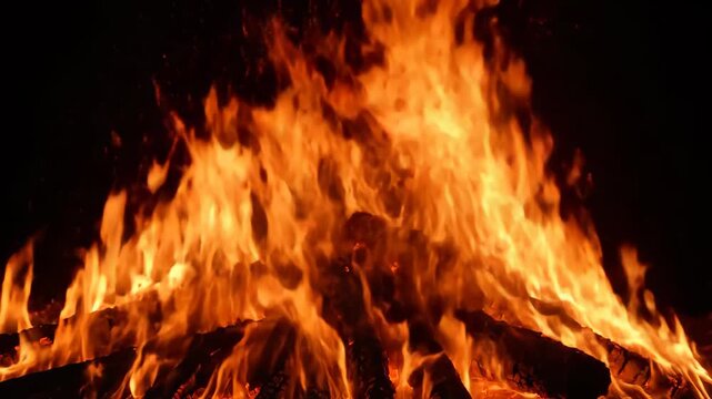 Live footage of a blazing bonfire, blazing flames