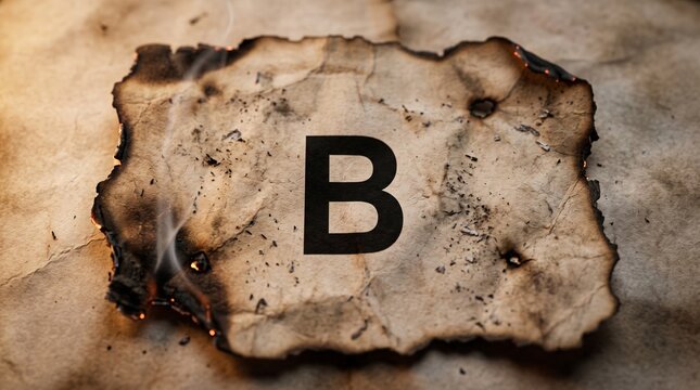 Letter B Printed on Aged Burnt Parchment Paper with Smoldering Edges and Smoke Texture