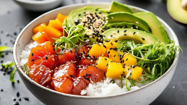 A vibrant sushi rice bowl topped with fresh avocado slices, orange seeds, and various vegetables. A healthy and visually appealing dish.