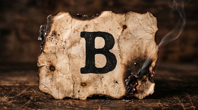 A rustic letter B embossed on a textured burnt piece of paper with wisps of smoke rising from the smoldering edges on a dark wooden surface