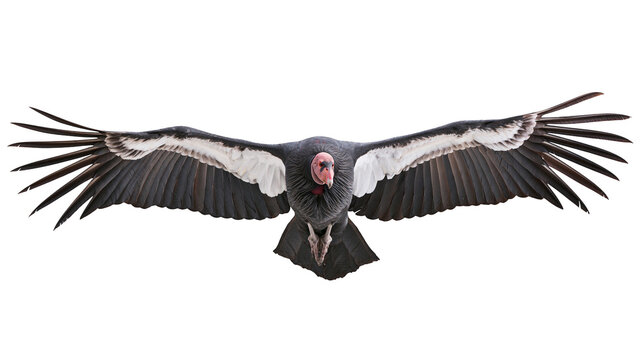 California condor with dark gray plumage and white wing patches, isolated on transparent background
