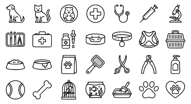 Set of veterinary and pet care icons featuring animals medical tools grooming supplies and food accessories