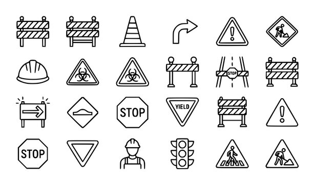 Set of hand drawn road construction and traffic safety icons on a white background