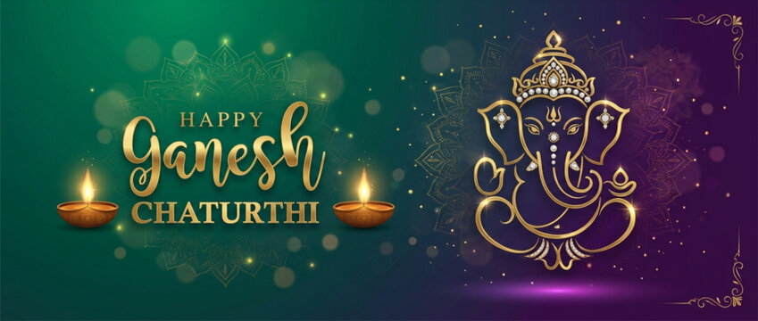 Lord Ganesha Portrait with Decorative Mandala and Hindi Typography for Spiritual Greeting Banner
