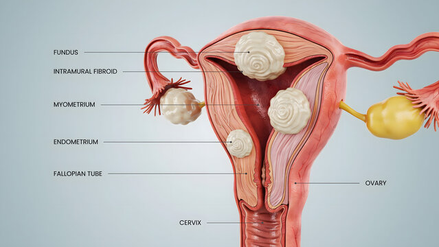 Anatomical medical illustration of a human uterus with uterine fibroids