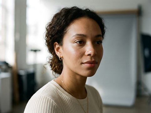 Young woman with curly hair looking thoughtfully indoors.