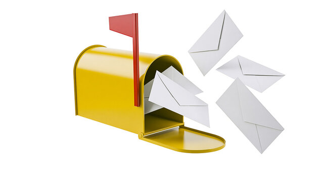 Yellow mailbox with red flag overflowing with white envelopes, isolated on transparent background