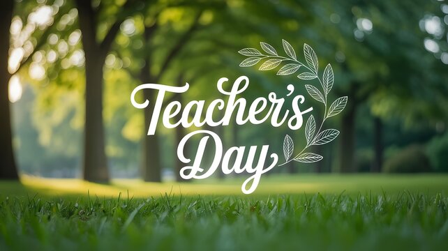 Elegant white calligraphy greeting for an annual educator holiday event featuring a blurred green park background view