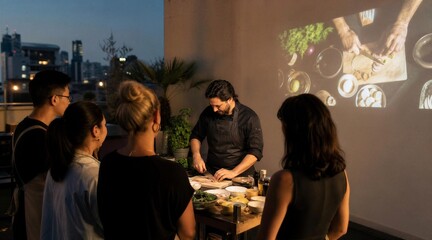 Obraz premium Evening culinary class on an urban rooftop with a chef