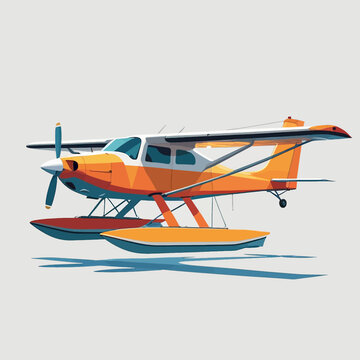 Orange and white seaplane with floats on a light gray background.