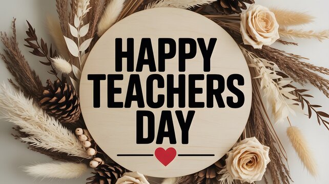 A circular wooden board featuring a happy teacher day greeting with dried floral decor on white background