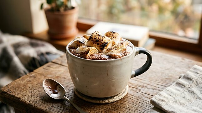 Wooden table with coffee cup and pastry on saucer.