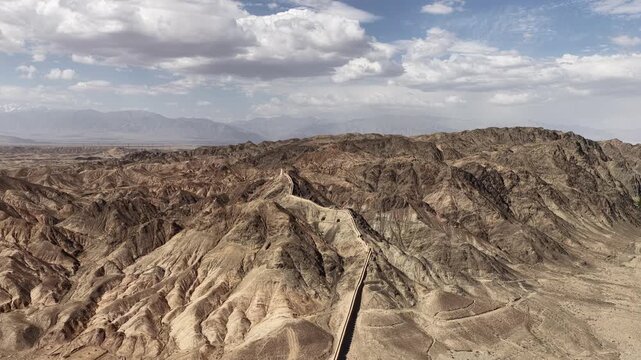 Ancient Chinese Great Wall Watchtower and Fortification on Rugged Mountains in Gansu Province, Northwest China