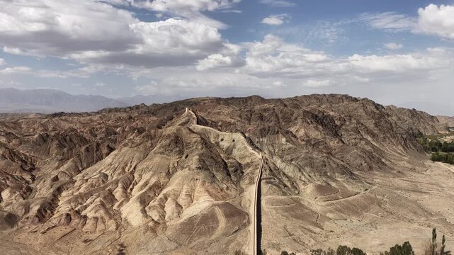 Ancient Chinese Great Wall Watchtower and Fortification on Rugged Mountains in Gansu Province, Northwest China