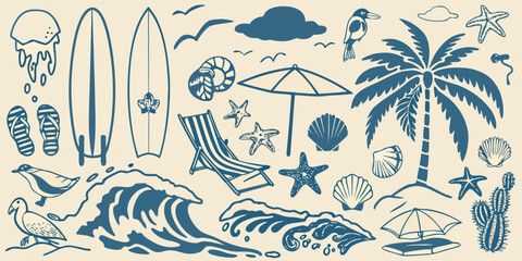 Coastal Elements Illustration With Surfboards Seashells And Beach Accessories © Savankar