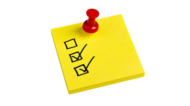 Yellow sticky note with checkboxes and checkmarks pinned with red thumbtack, isolated on transparent background