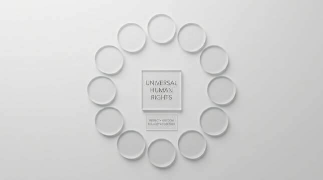 Minimalist glass composition featuring Universal Human Rights text surrounded by thirteen transparent glass rings on a white background representing the global unity freedom respect and