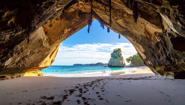 Majestic natural rock arch framing a tropical beach.