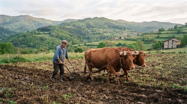 Traditional farmer plowing field with oxen, organic agriculture in mountain valley, vintage rural farming scene with brown cattle and wooden plow