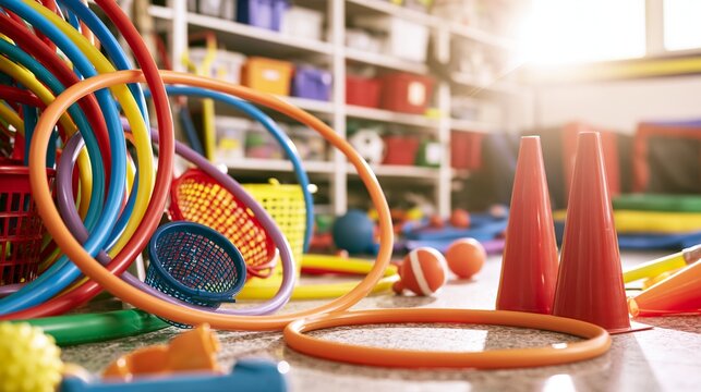 Brightly colored hoops, cones, and balls lying on the floor, suggesting active learning, fun, and childhood development