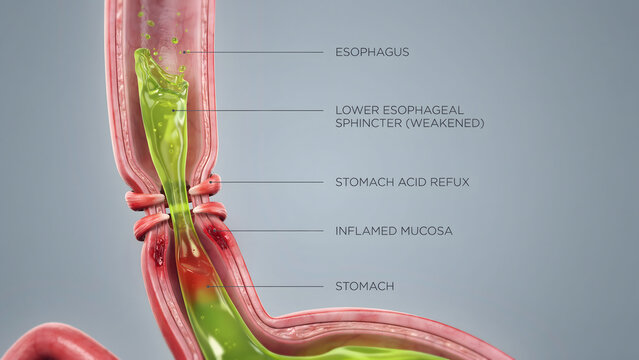 Medical illustration of gastroesophageal reflux disease in human anatomy