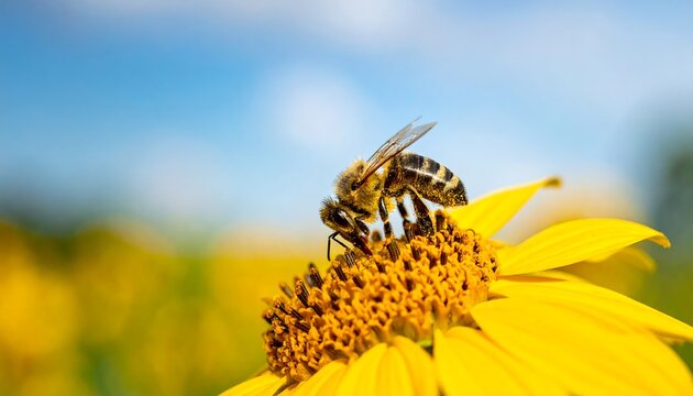 Close up of a bee collecting pollen on yellow flower.