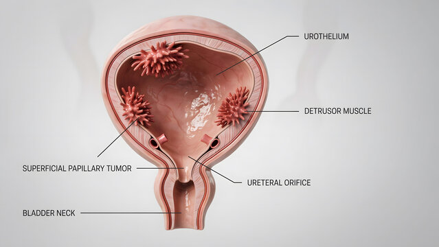 Medical illustration of bladder anatomy with multiple superficial papillary tumors