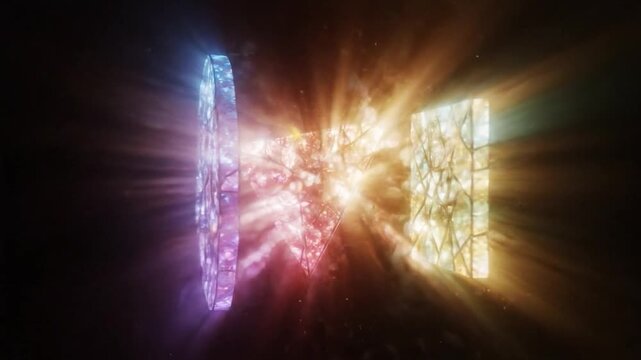 Abstract glowing geometric crystal shapes floating in space.