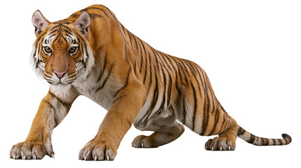 Obraz premium Orange tiger with black stripes crouching low, isolated on transparent background