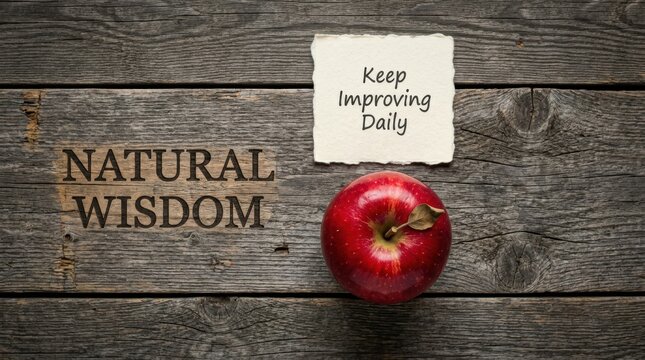 Motivational note keep improving daily with a fresh red apple on a rustic wooden table top showcasing healthy lifestyle and personal growth concepts for organic wisdom and daily self development