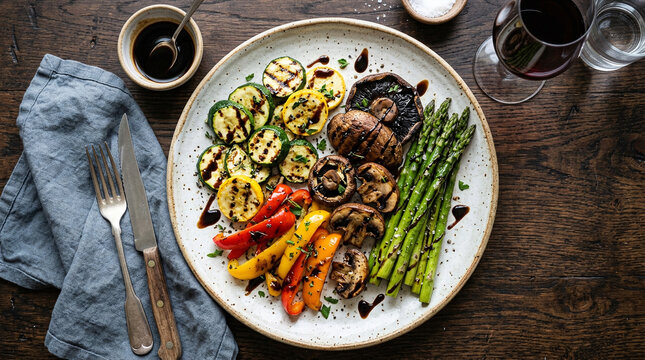 Grilled vegetable platter on ceramic plate. Healthy roasted garden vegetables with balsamic.