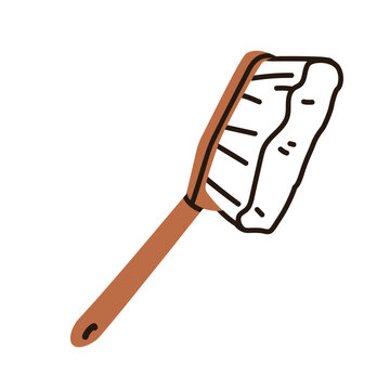 Scrub brush with handle for cleaning. Domestic cleanup tool. Household accessory. Scrubbing tidying equipment with bristles for sweeping. Flat vector illustration isolated on white background