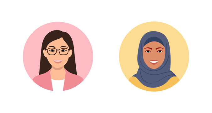 Set of two circular avatars featuring a professional woman with glasses and a woman wearing a blue hijab