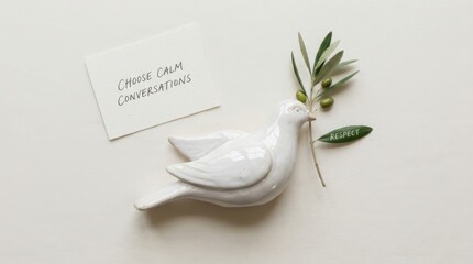 White ceramic dove figurine rests beside olive branch and note reading Choose Calm Conversations while leaf shows text Respect. Elegant symbol of peaceful communication and harmonious © Dean