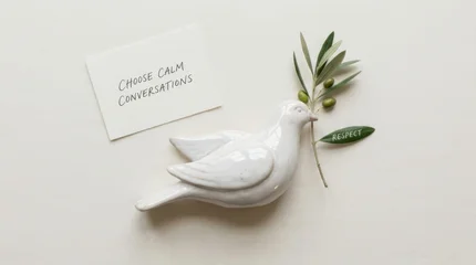 White ceramic dove figurine rests beside olive branch and note reading Choose Calm Conversations while leaf shows text Respect. Elegant symbol of peaceful communication and harmonious © Dean