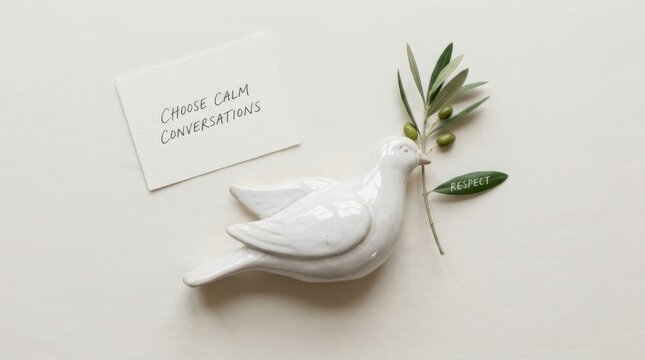 White ceramic dove figurine rests beside olive branch and note reading Choose Calm Conversations while leaf shows text Respect. Elegant symbol of peaceful communication and harmonious