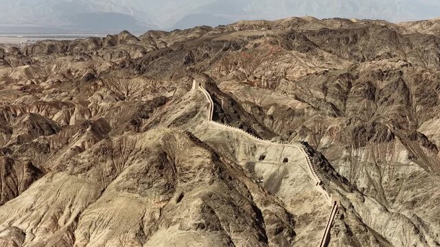Ancient Chinese Great Wall Watchtower and Fortification on Rugged Mountains in Gansu Province, Northwest China