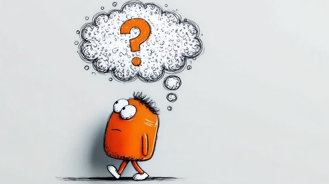 Cute orange character walking and thinking with a question mark in a thought bubble over its head