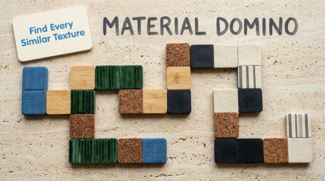 Tactile material domino game pieces with various surface textures like wood and cork are displayed on a stone background. This matching set supports sensory learning and interior design exploration