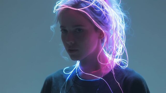 Futuristic portrait of a beautiful woman entangled in glowing fiber optic cables
